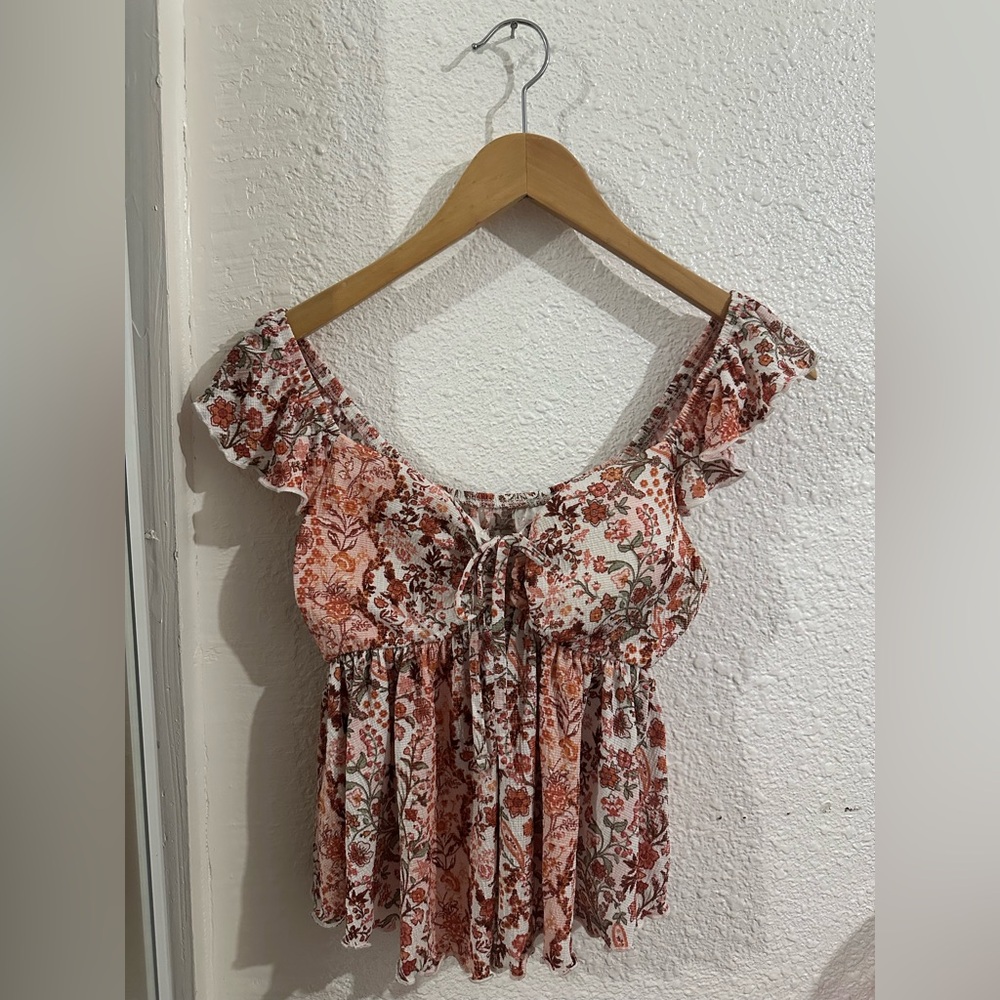 Zara Floral Ruffle Top - Red and White